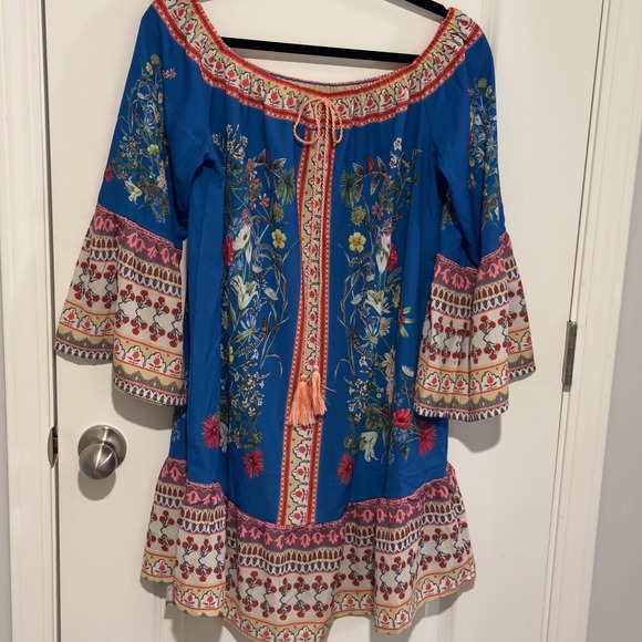 Umgee USA Blue Floral Bell Sleeve Off Shoulder Mini Dress M - Picture 2 of 8